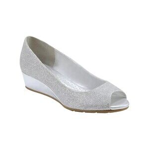 Bandolino Candra Pump Womens 8M Silver Glamour Peep Toe Slip On Wedge Heel NOB